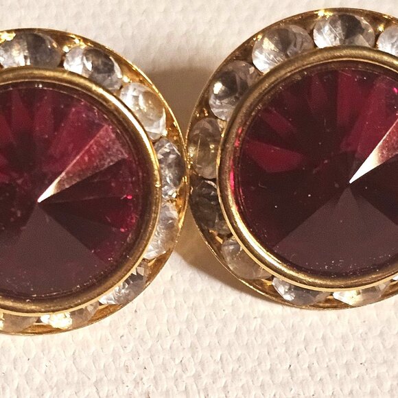 Avon Glitzy Red Pierced Earrings w Surgical Steel Posts Siam and Crystal 1998 - Picture 2 of 4